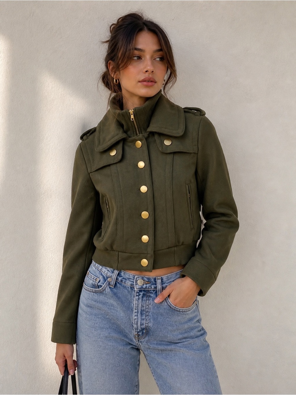 BDG Olive Green Cropped Jacket XS Gold Button Military Style Urban Outfitters